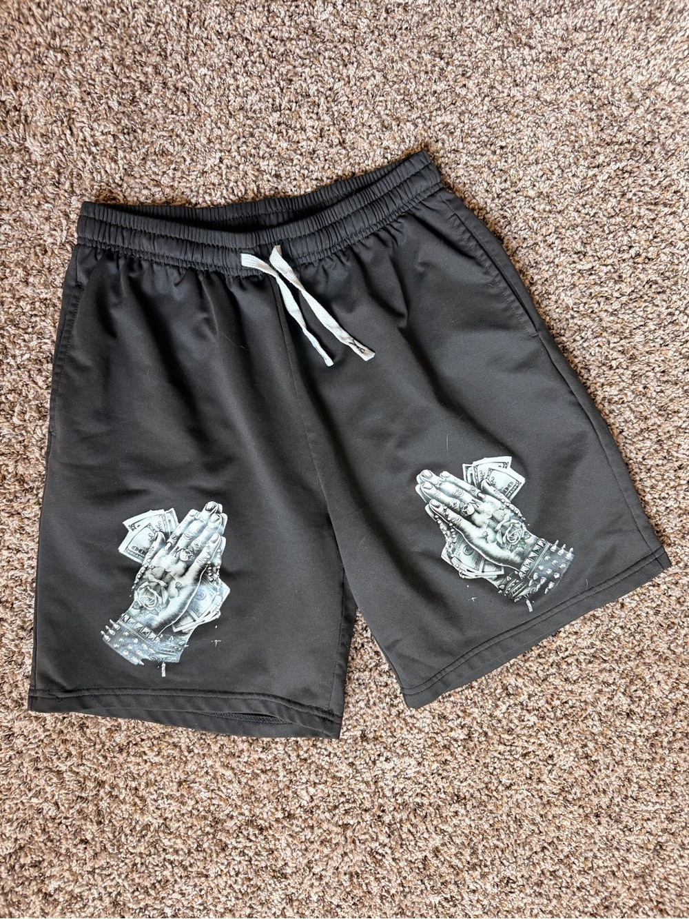 Black Men's Graphic Pray Hands Athletic Shorts